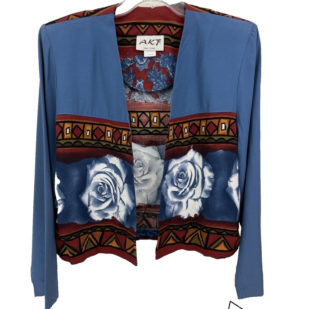 AKF New York Women's Jacket Size 10 Vintage Blue White Rose NWT USA - Picture 2 of 11